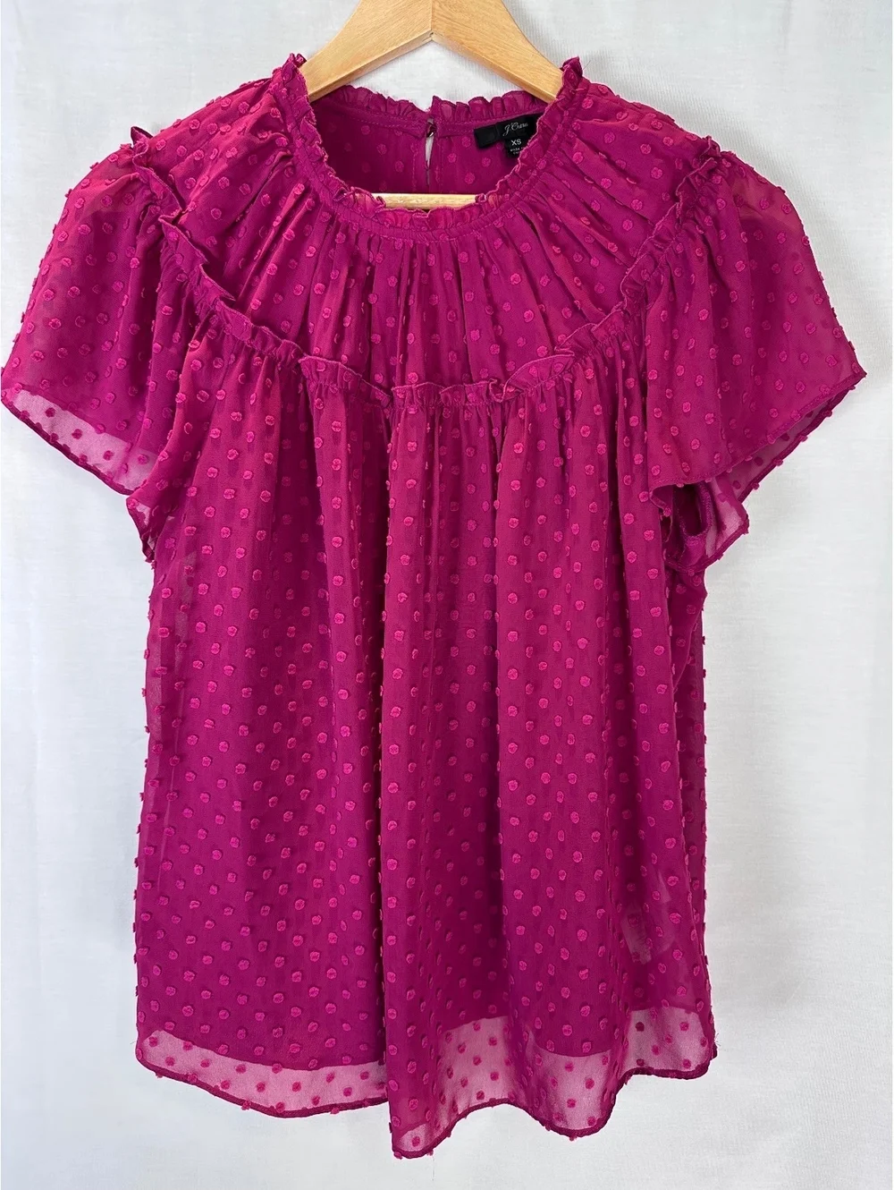 J.Crew Size XS Magenta Swiss Dot Ruffle Flutter Sleeve Blouse